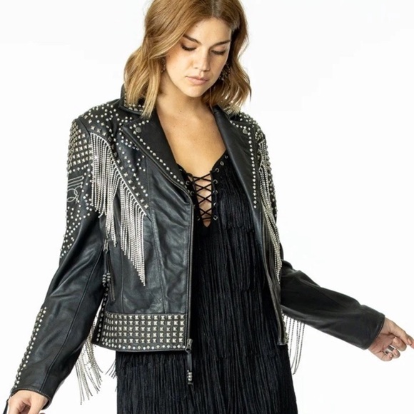 Double D Ranch Rhinestone Fringe Cowboy Leather Jacket beaded crystal RTL 1395 - Picture 10 of 14